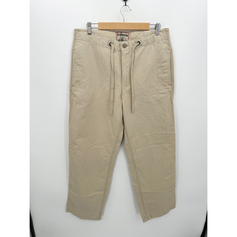 Vintage Express Khaki Pants Women Medium Drawstring Wide Leg Y2K 90s Linen Blend